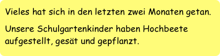 Vieles hat sich in den letzten zwei Monaten getan.
Unsere Schulgartenkinder haben Hochbeete aufgestellt, gesät und gepflanzt.